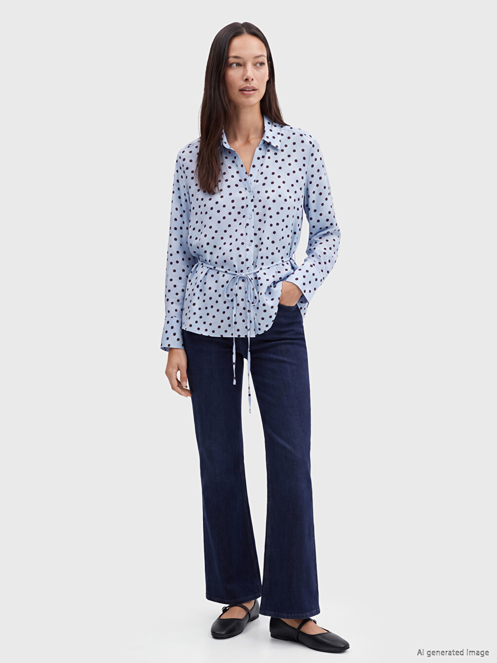 Sash Belted Polka Dot Satin Women's Shirt-1