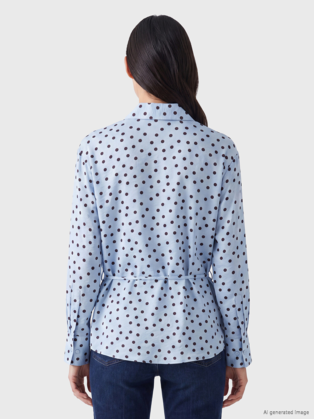 Sash Belted Polka Dot Satin Women's Shirt-3