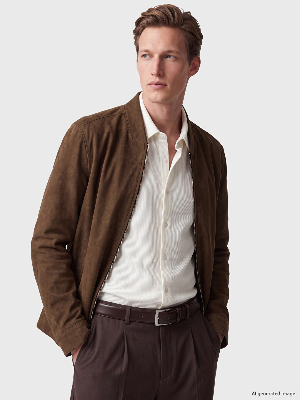 Kahverengi Regular Fit Erkek Süet Bomber Ceket