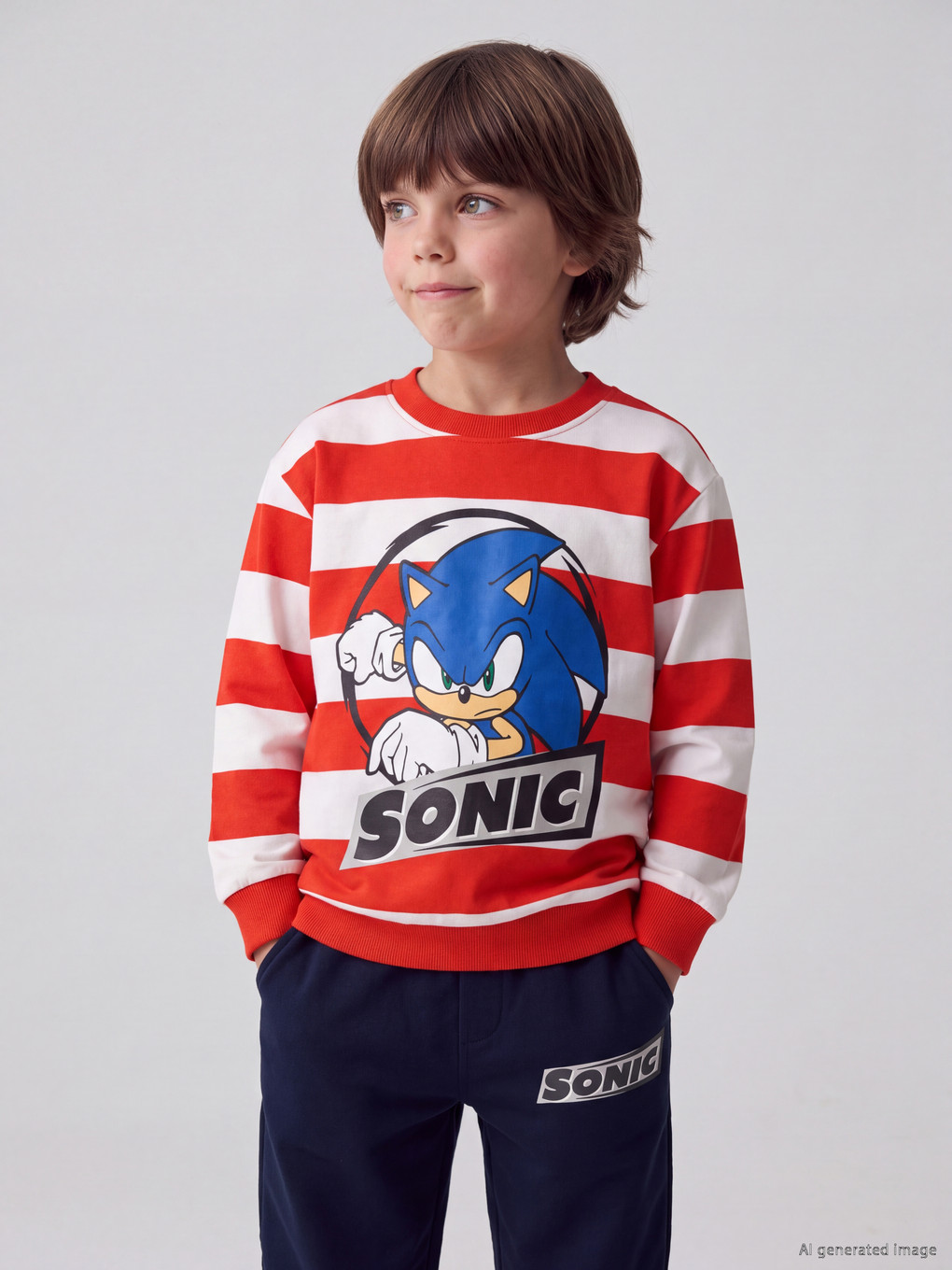 Çizgili Sonic Baskılı Erkek Çocuk Eşofman Takımı-1