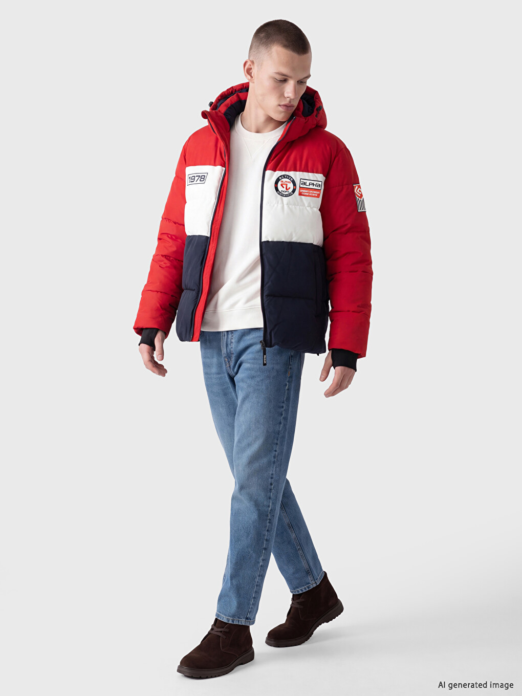 Kırmızı Regular Fit Kapüşonlu Baskılı Erkek Mont-1