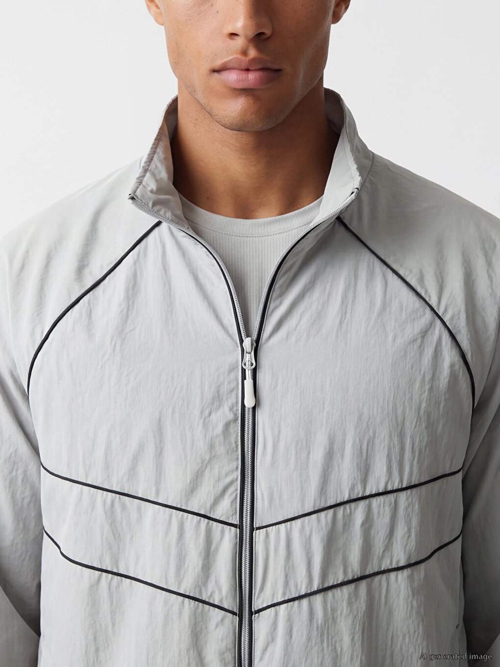Gri Dik Yaka Erkek Fermuarlı Sweatshirt-2