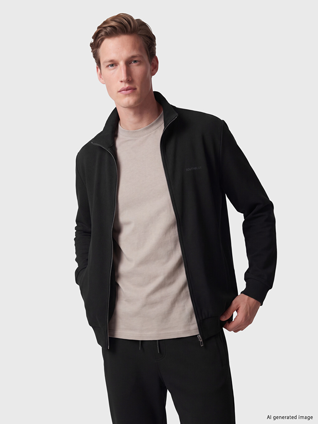 Siyah Regular Fit Erkek Fermuarlı Sweatshirt