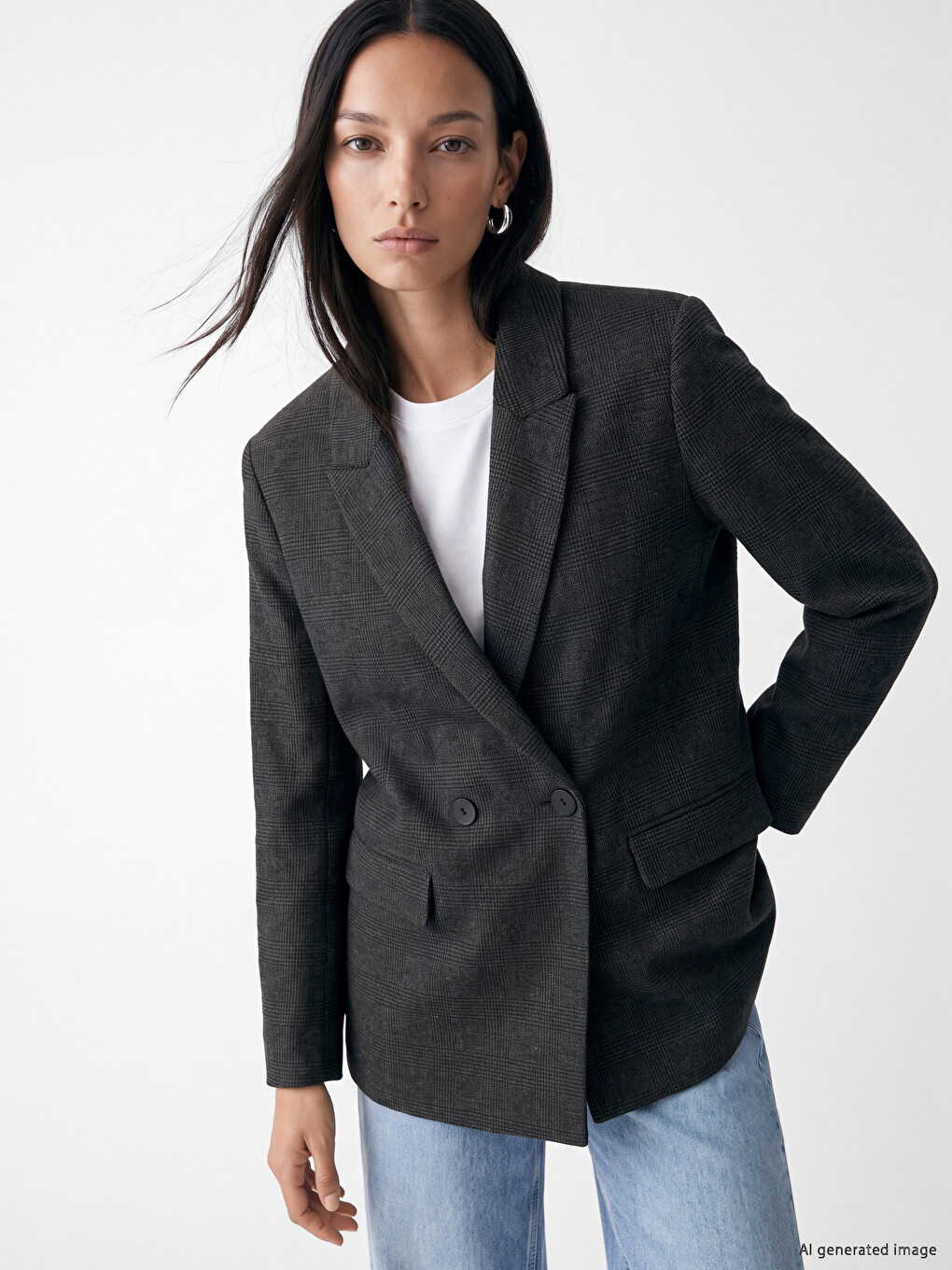 Gri Kruvaze Yaka Ekose Kadın Blazer Ceket-1