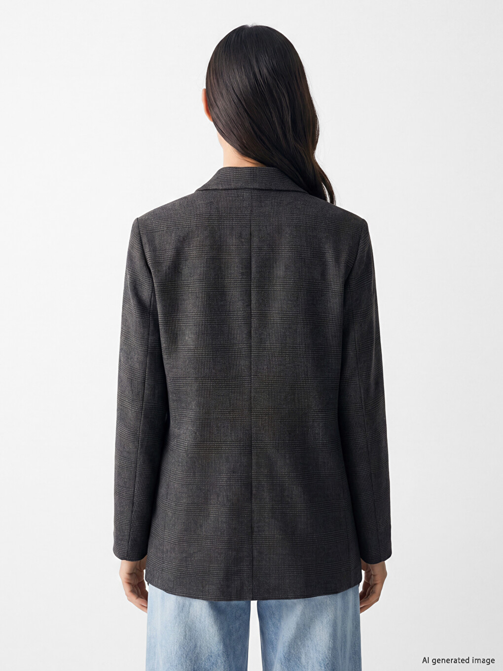 Gri Kruvaze Yaka Ekose Kadın Blazer Ceket-4