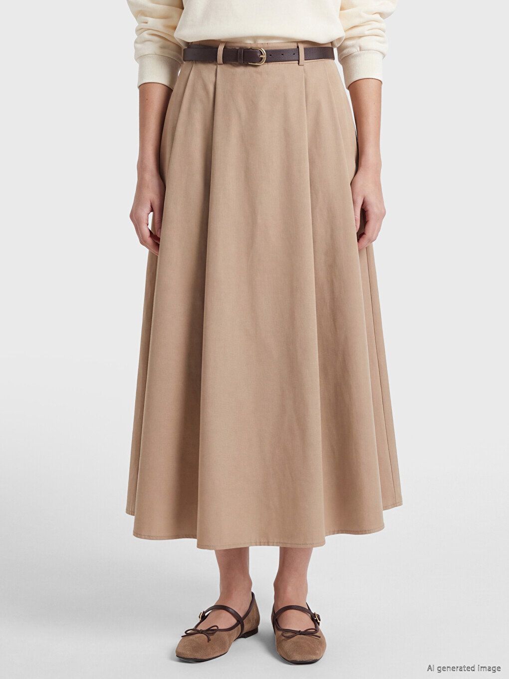 High Waist Belted Pleated Flared Women's Skirt-1