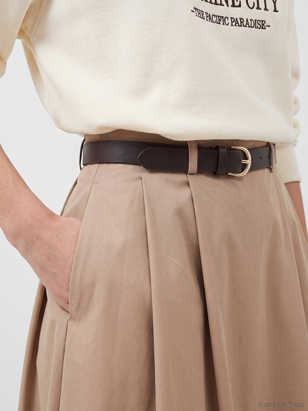 High Waist Belted Pleated Flared Women's Skirt-2