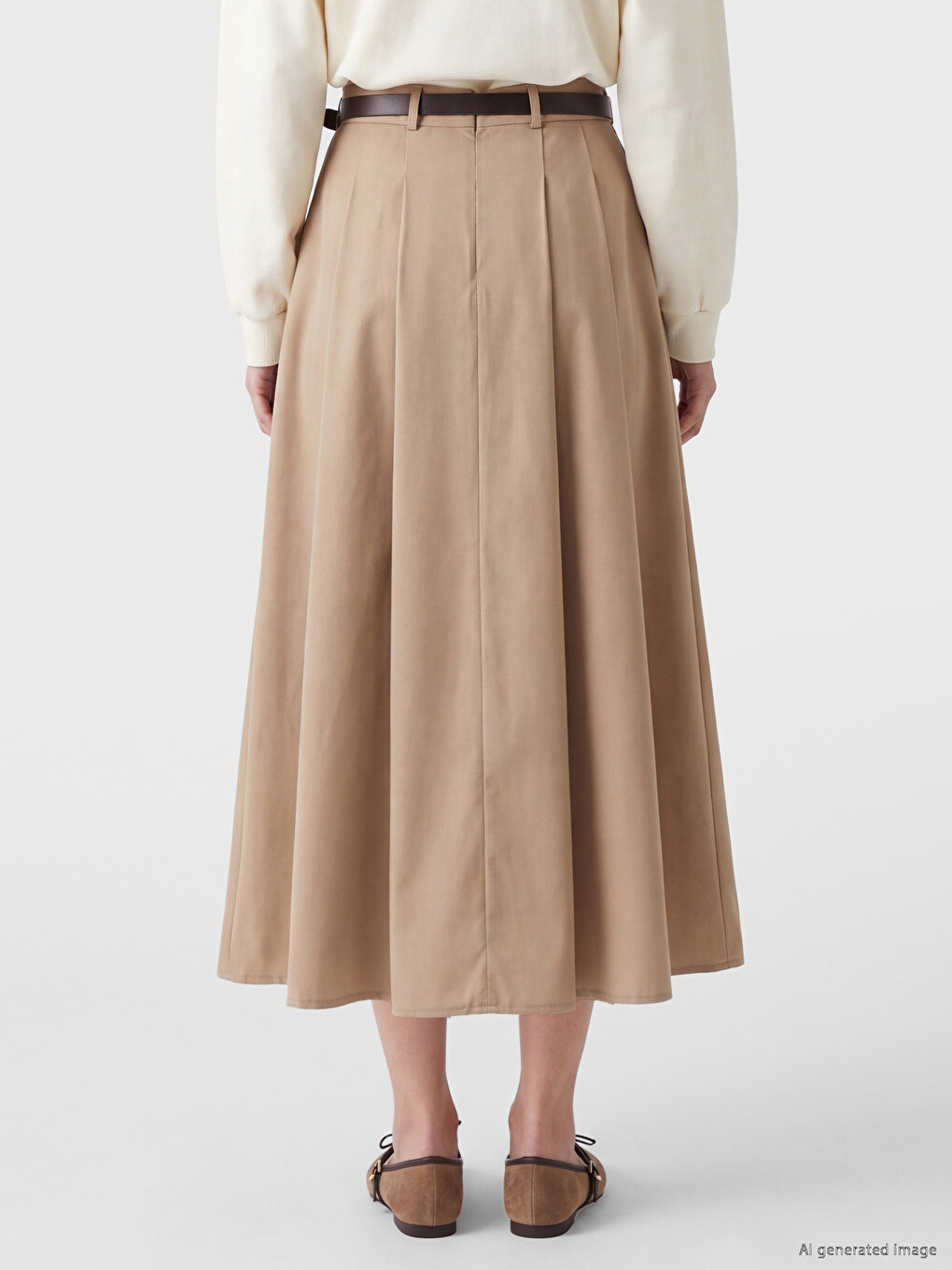 High Waist Belted Pleated Flared Women's Skirt-3