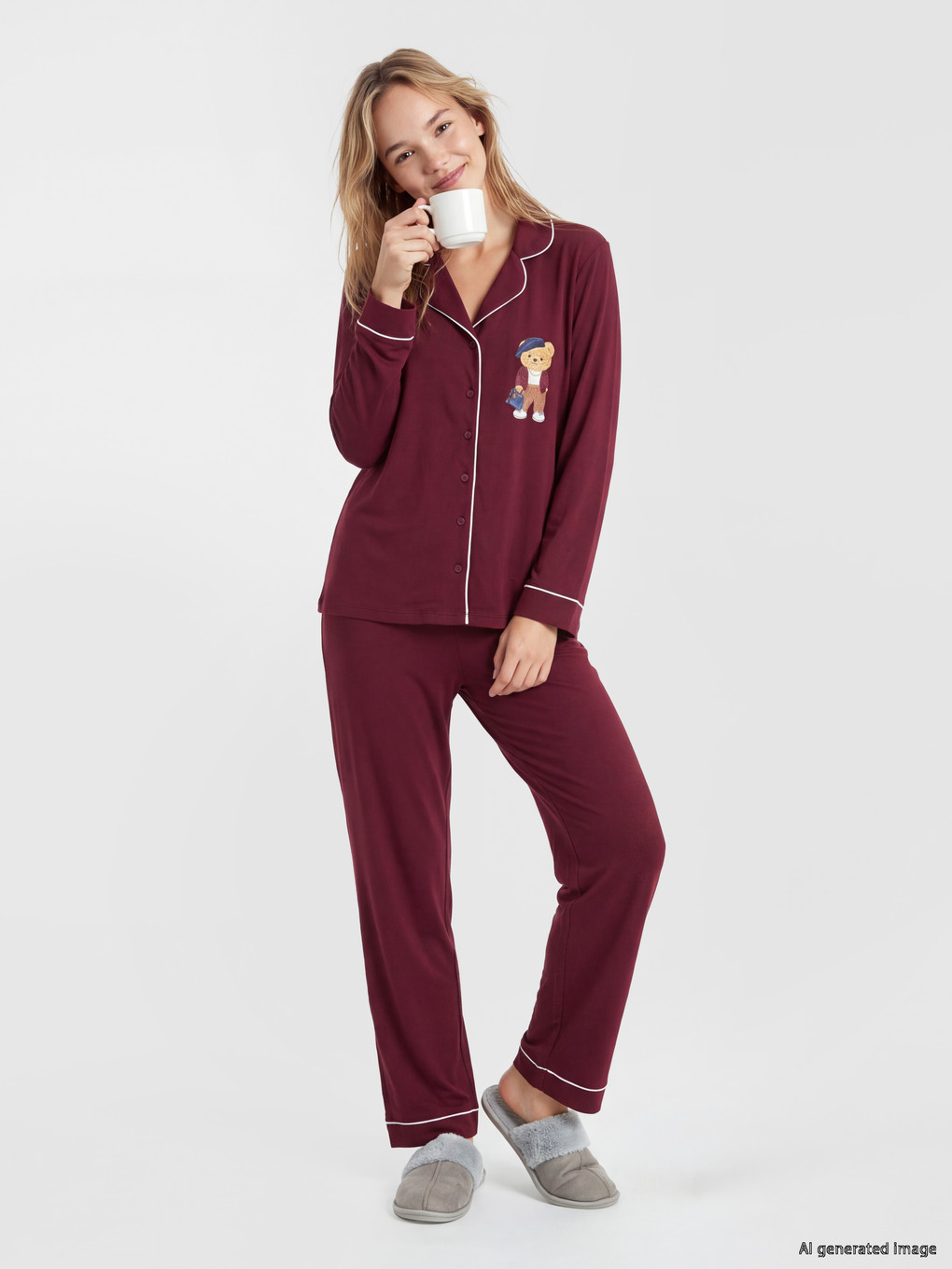 Bordo Ayı Teddy Baskılı Kadın Pijama Takımı