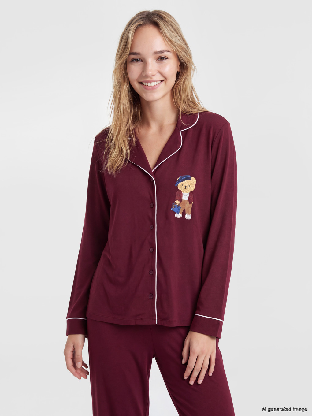 Bordo Ayı Teddy Baskılı Kadın Pijama Takımı-1
