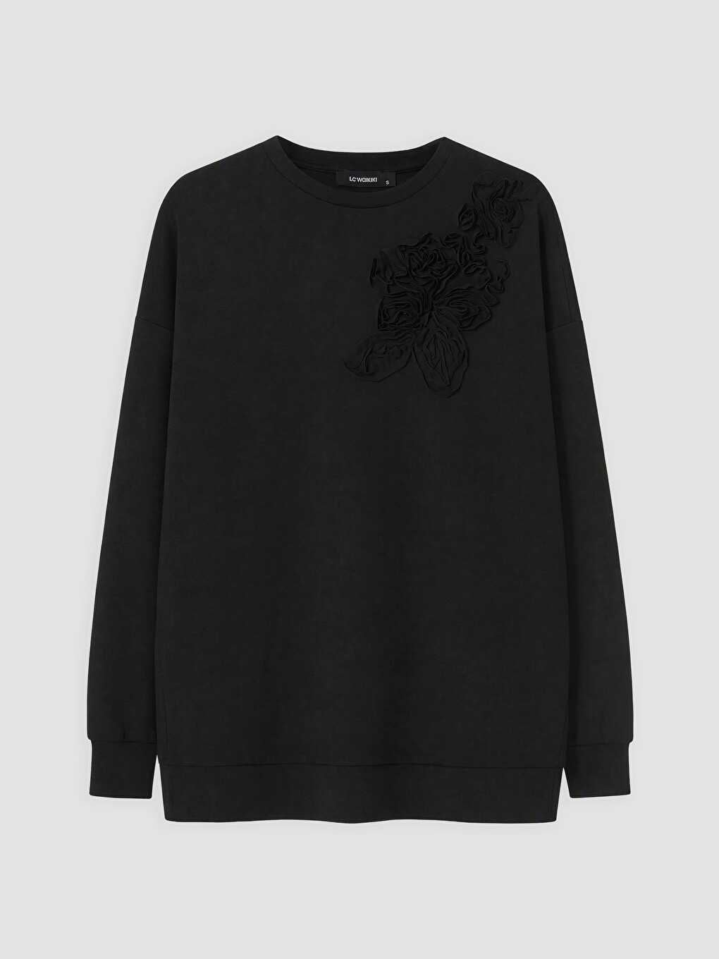 Siyah Çiçek Aplikeli Soft Touch Kadın Sweatshirt Tunik