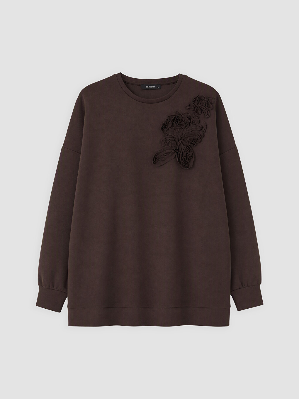 Kahverengi Çiçek Aplikeli Soft Touch Kadın Sweatshirt Tunik