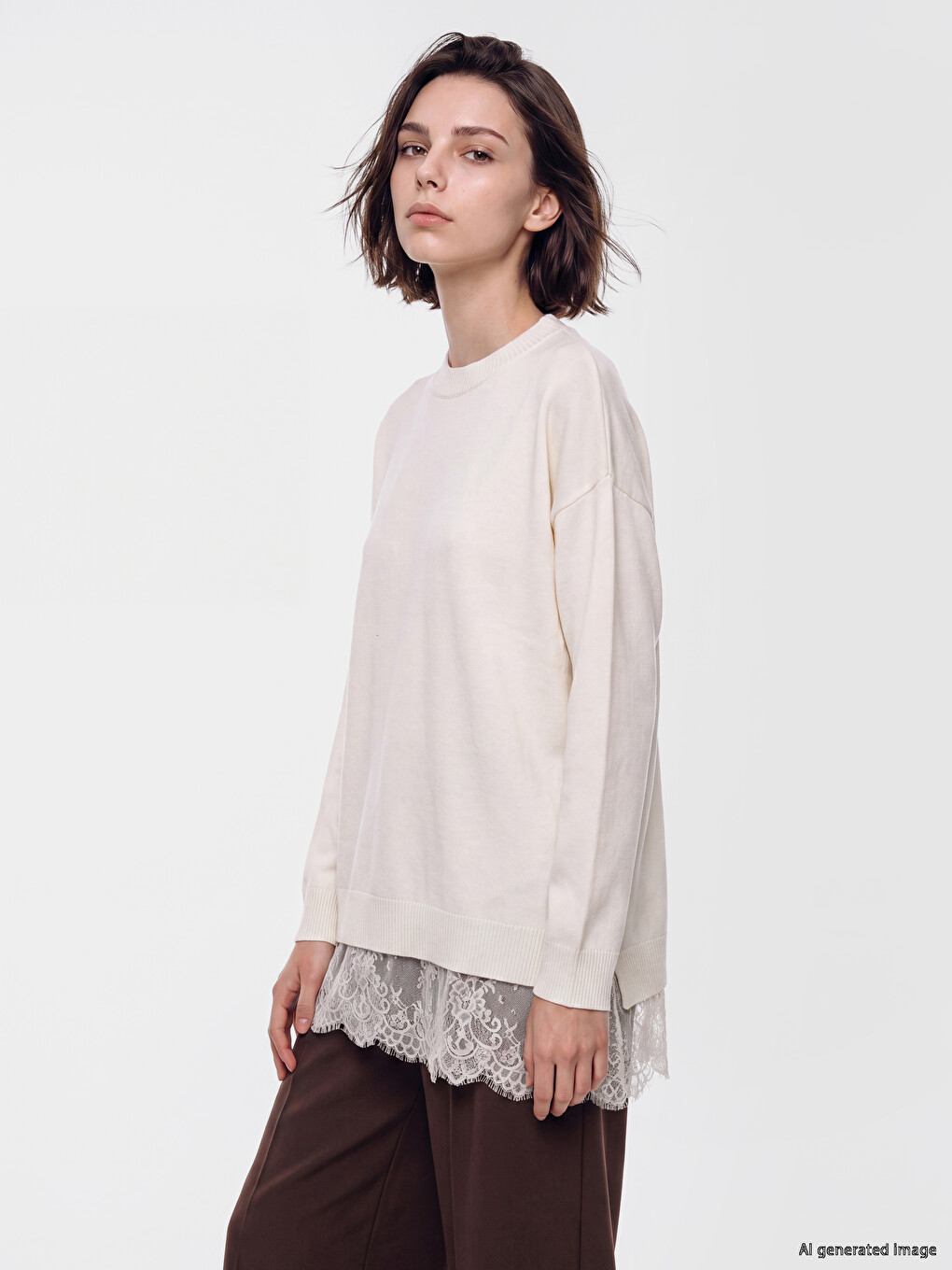 Crew Neck Lace Detailed Women's Knitwear Tunic