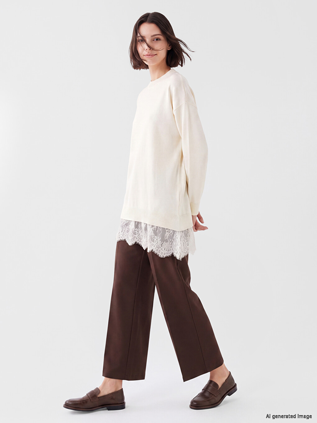 Crew Neck Lace Detailed Women's Knitwear Tunic-1