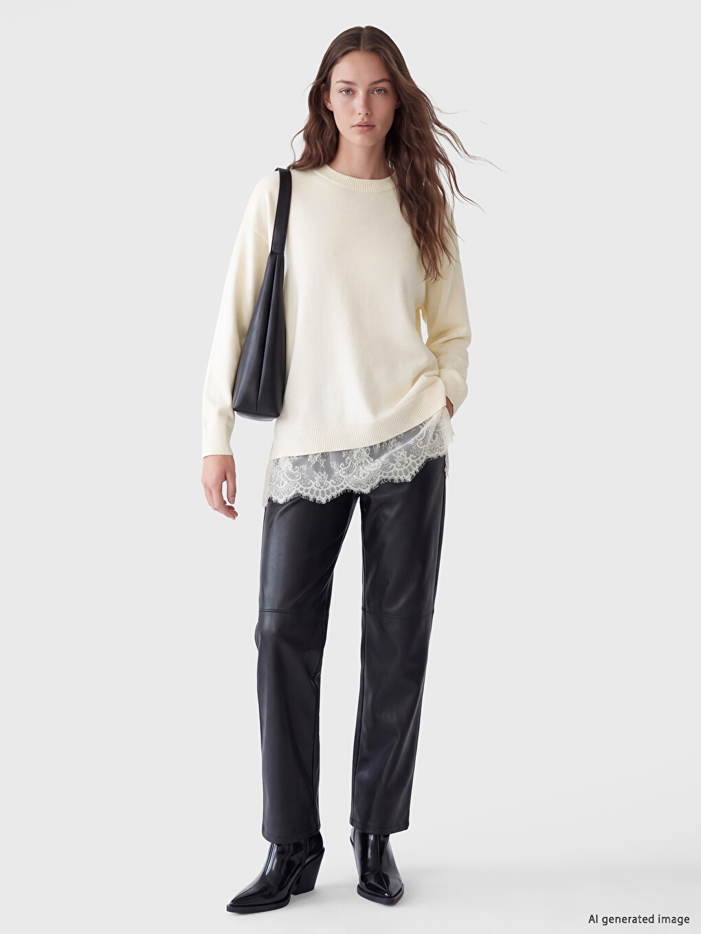 Crew Neck Lace Detailed Women's Knitwear Tunic-1