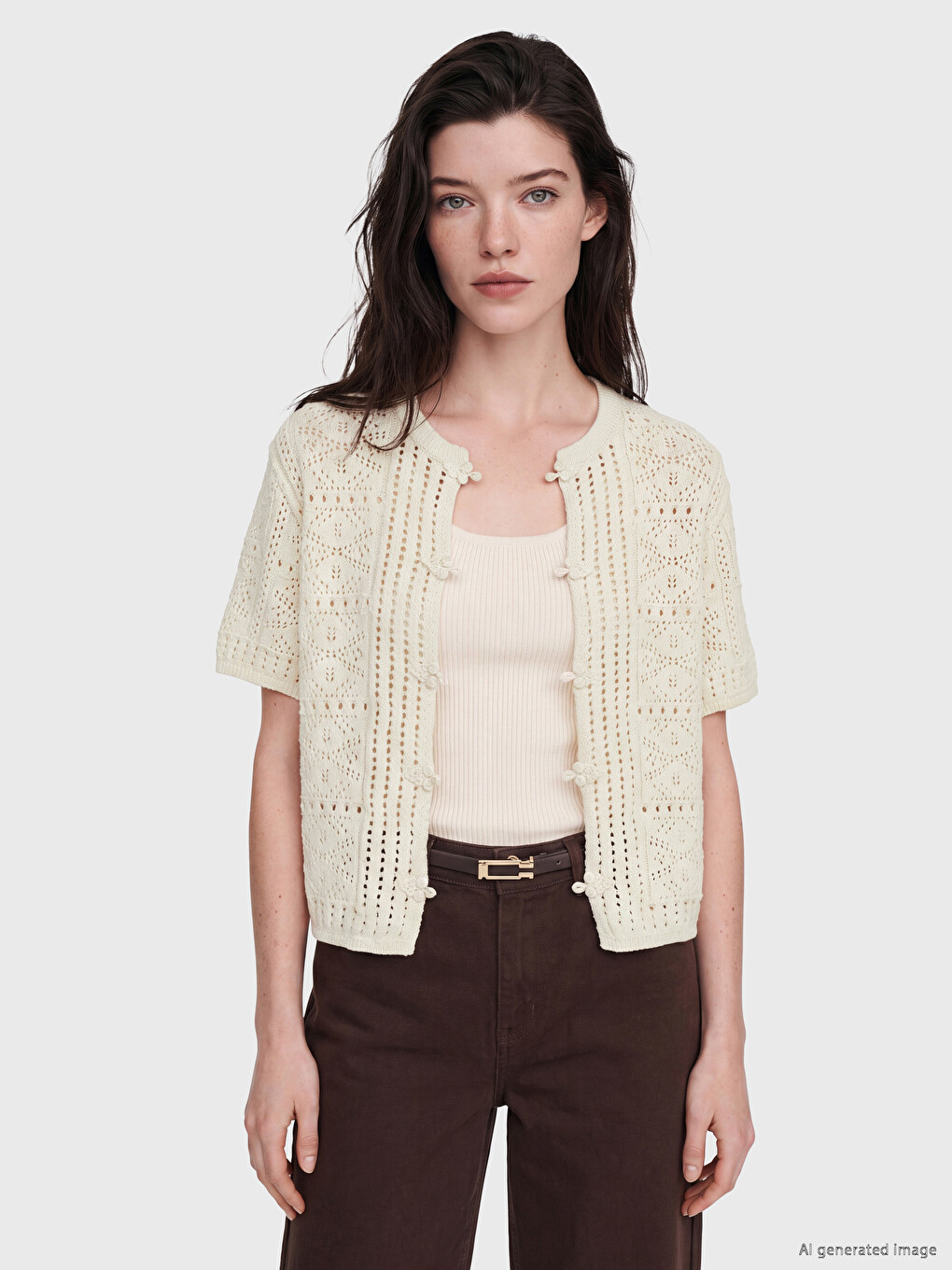 Crew Neck Open-knit Women's Knitwear Cardigan