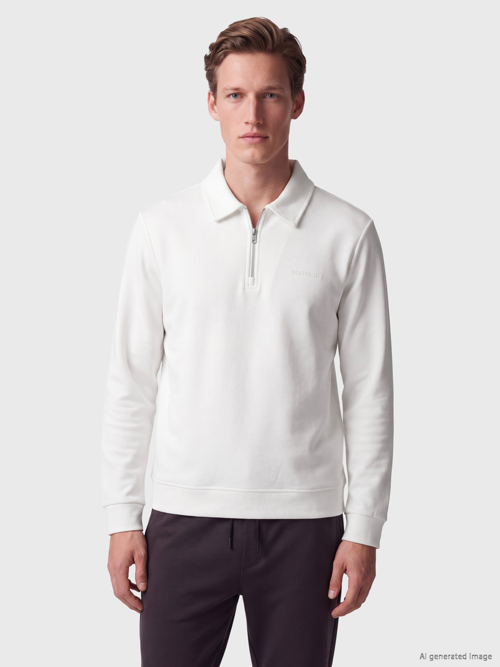 Beyaz Gömlek Yaka Nakışlı Erkek Sweatshirt