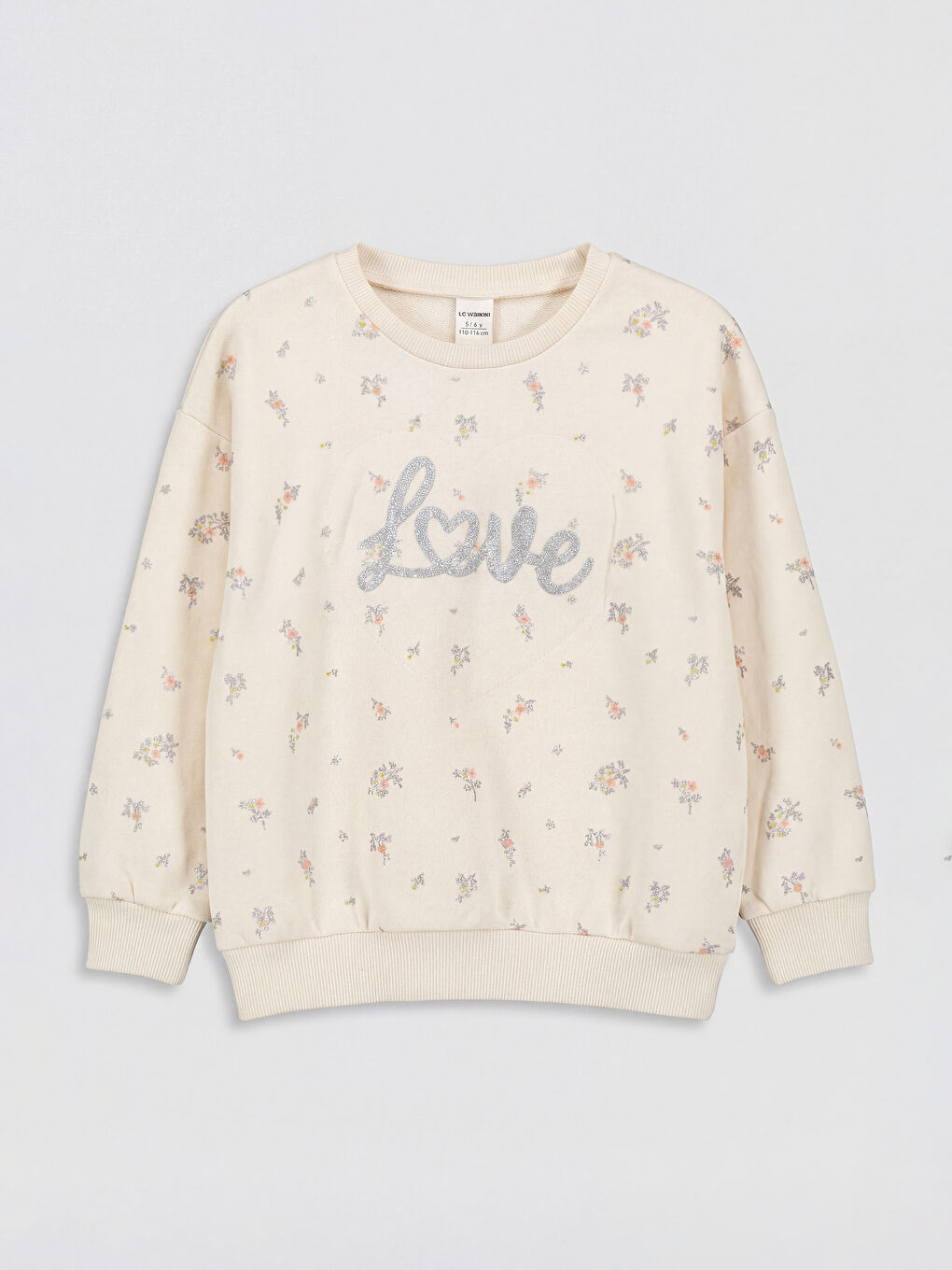 Ekru Bisiklet Yaka Çiçekli Kız Çocuk Sweatshirt