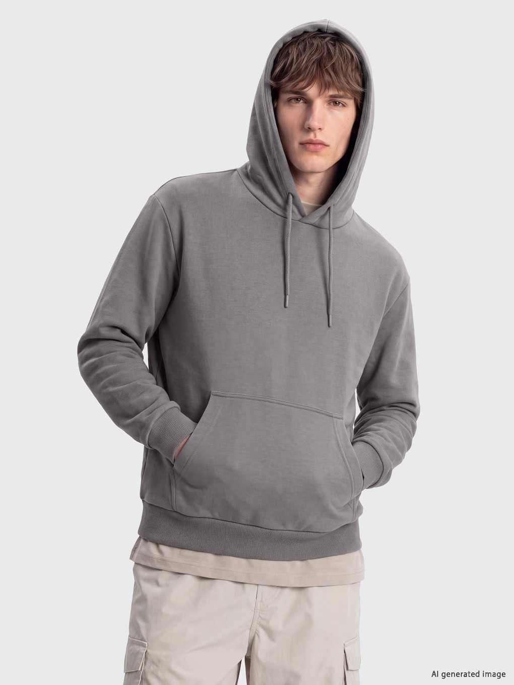 【シスイ】 XSIDE Gri 3 İplik Şardonlu Düz Rahat & Relax Erkek Hoodie