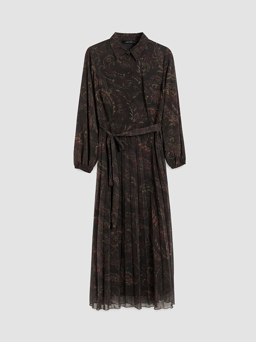 Shirt Collar Waist Sashed Patterned Chiffon Dress