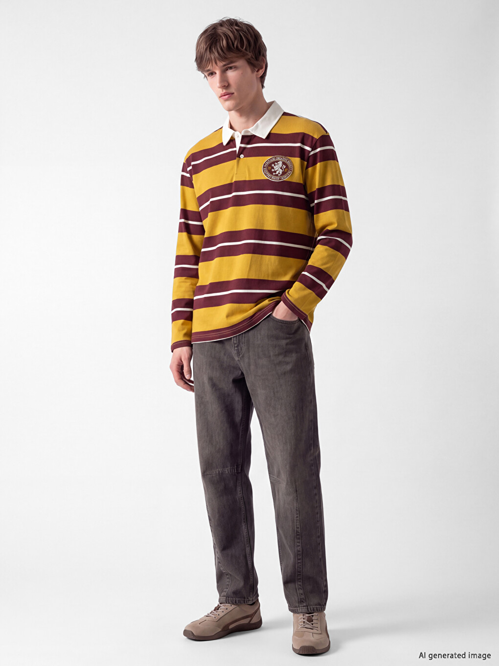 Sarı Polo Yaka Çizgili Erkek Sweatshirt-1