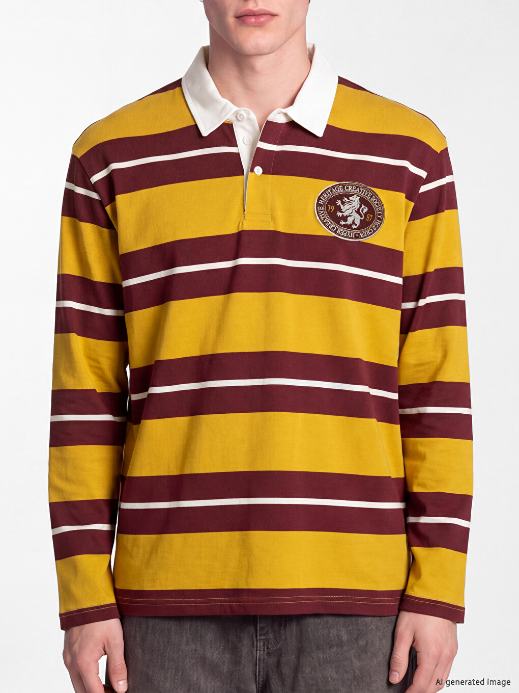 Sarı Polo Yaka Çizgili Erkek Sweatshirt-2