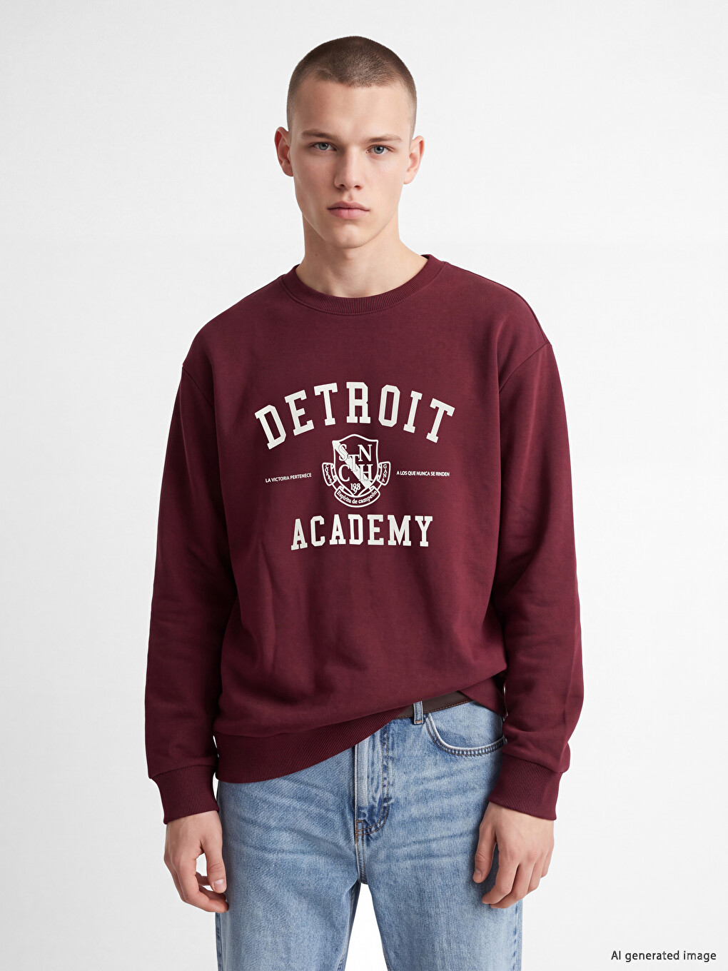 Bordo Bisiklet Yaka Detroit Baskılı Erkek Kalın Sweatshirt