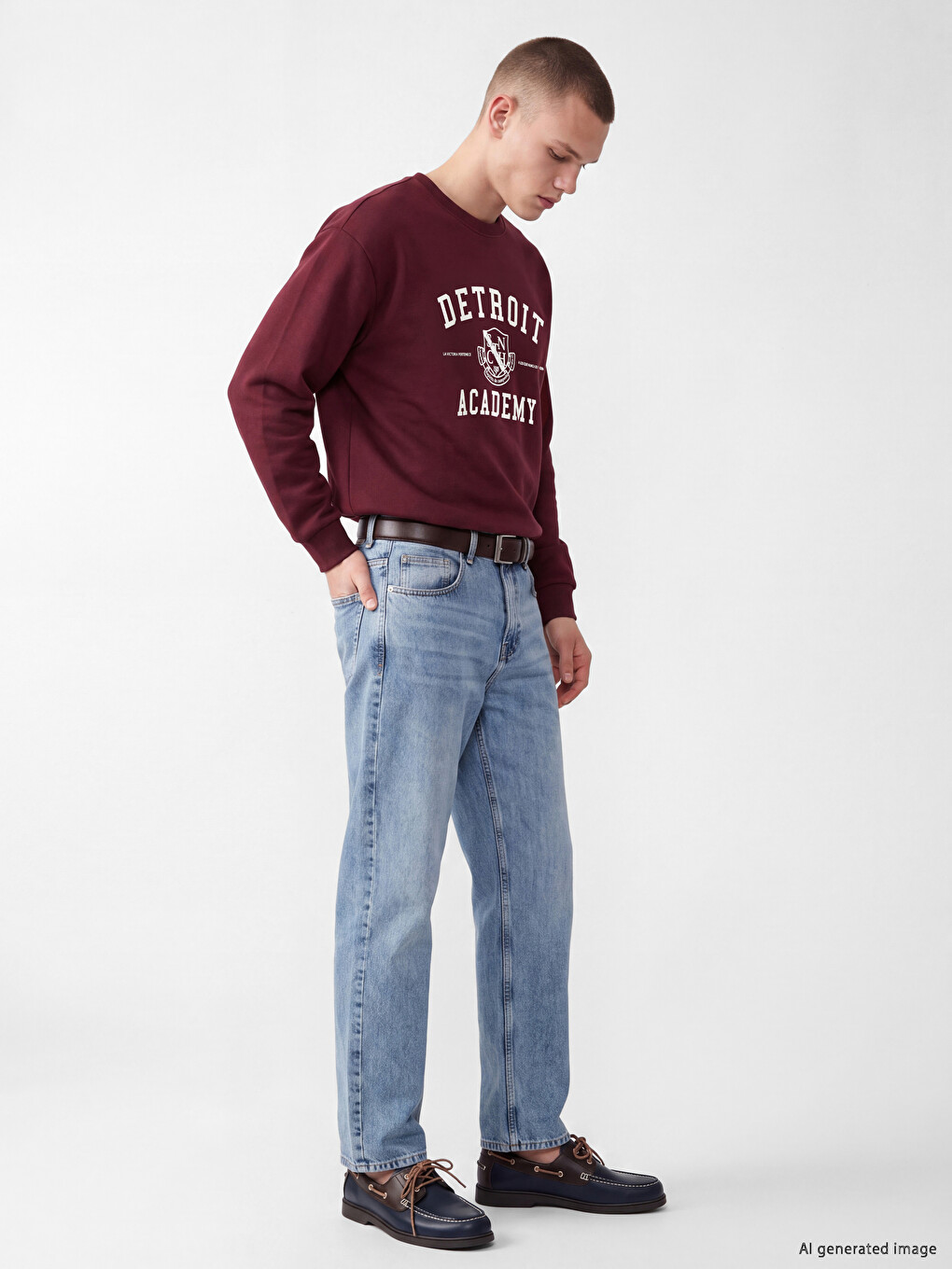 Bordo Bisiklet Yaka Detroit Baskılı Erkek Kalın Sweatshirt-1