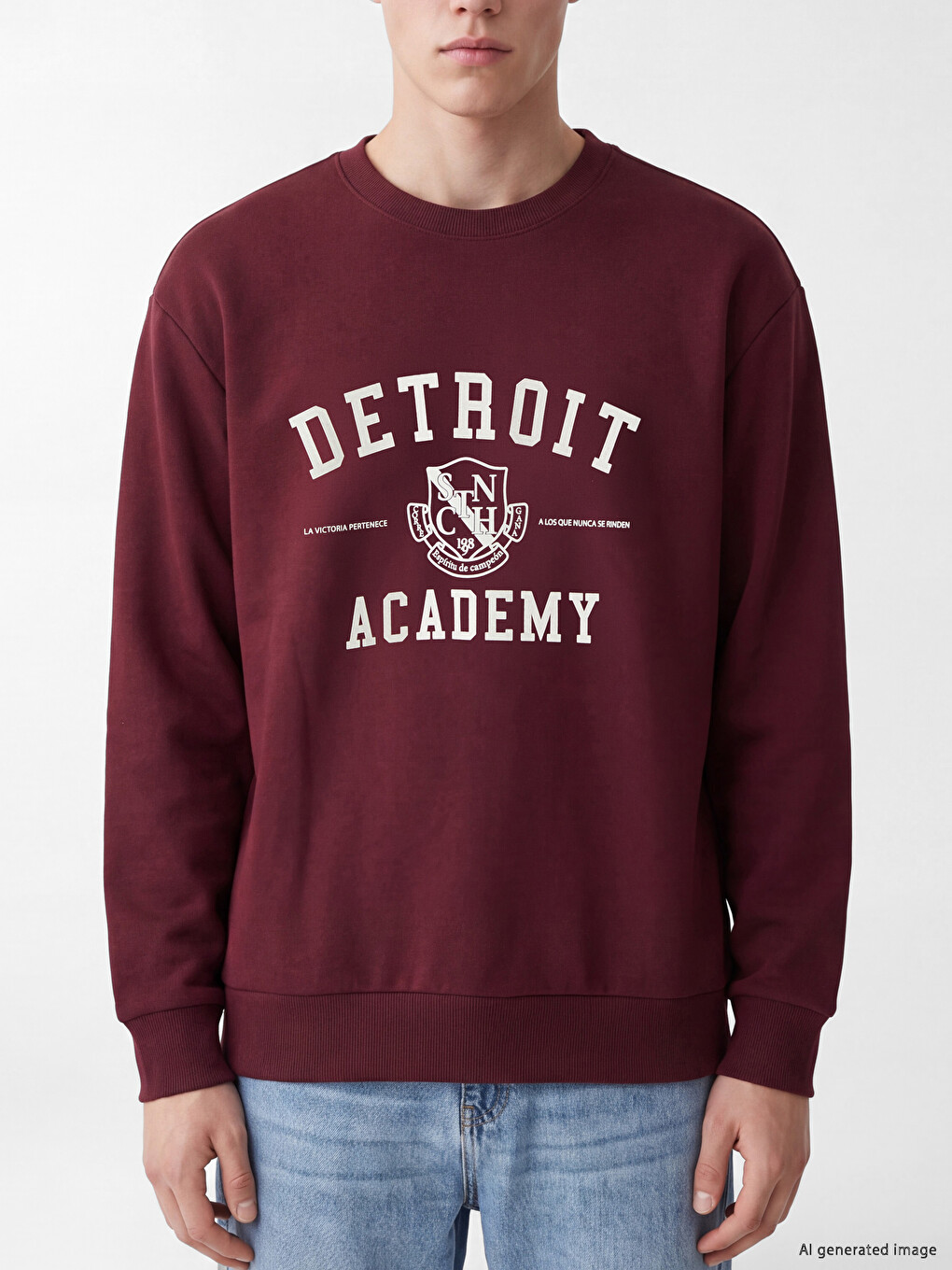 Bordo Bisiklet Yaka Detroit Baskılı Erkek Kalın Sweatshirt-2
