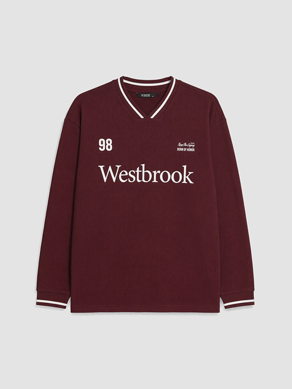 Bordo V Yaka Baskılı Erkek Sweatshirt-4