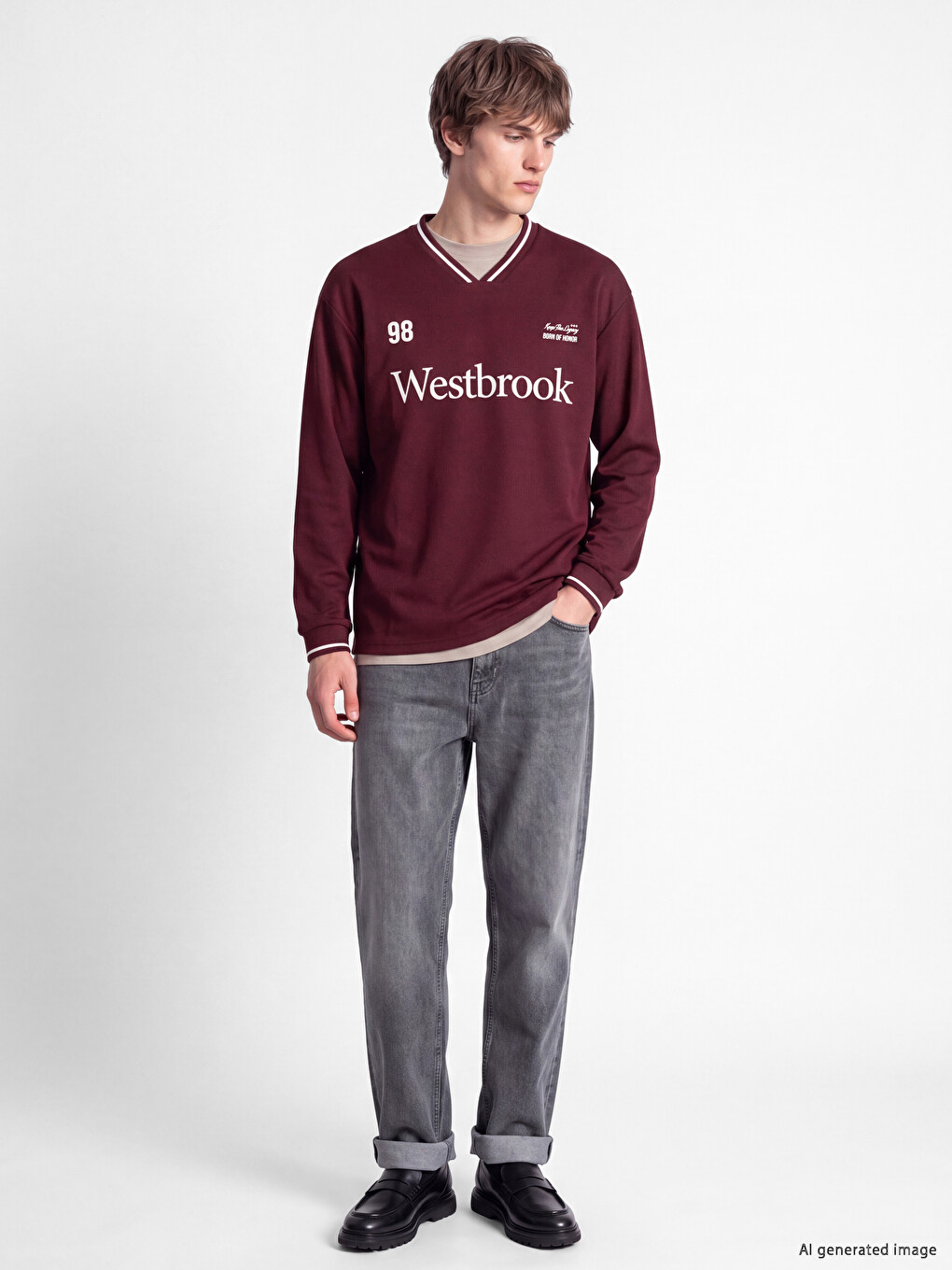 Bordo V Yaka Baskılı Erkek Sweatshirt-1