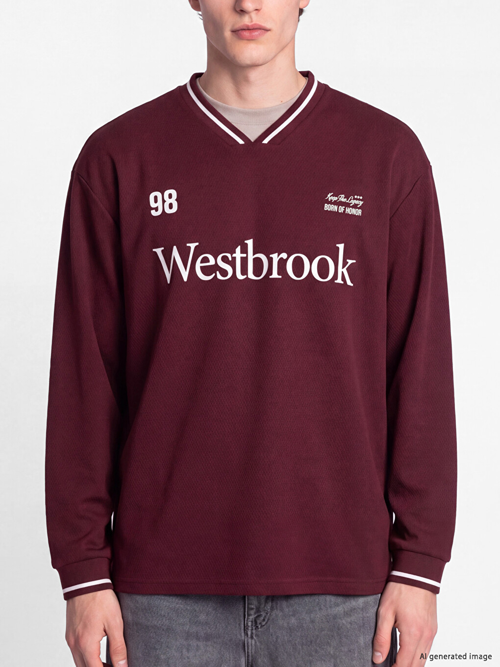 Bordo V Yaka Baskılı Erkek Sweatshirt-2