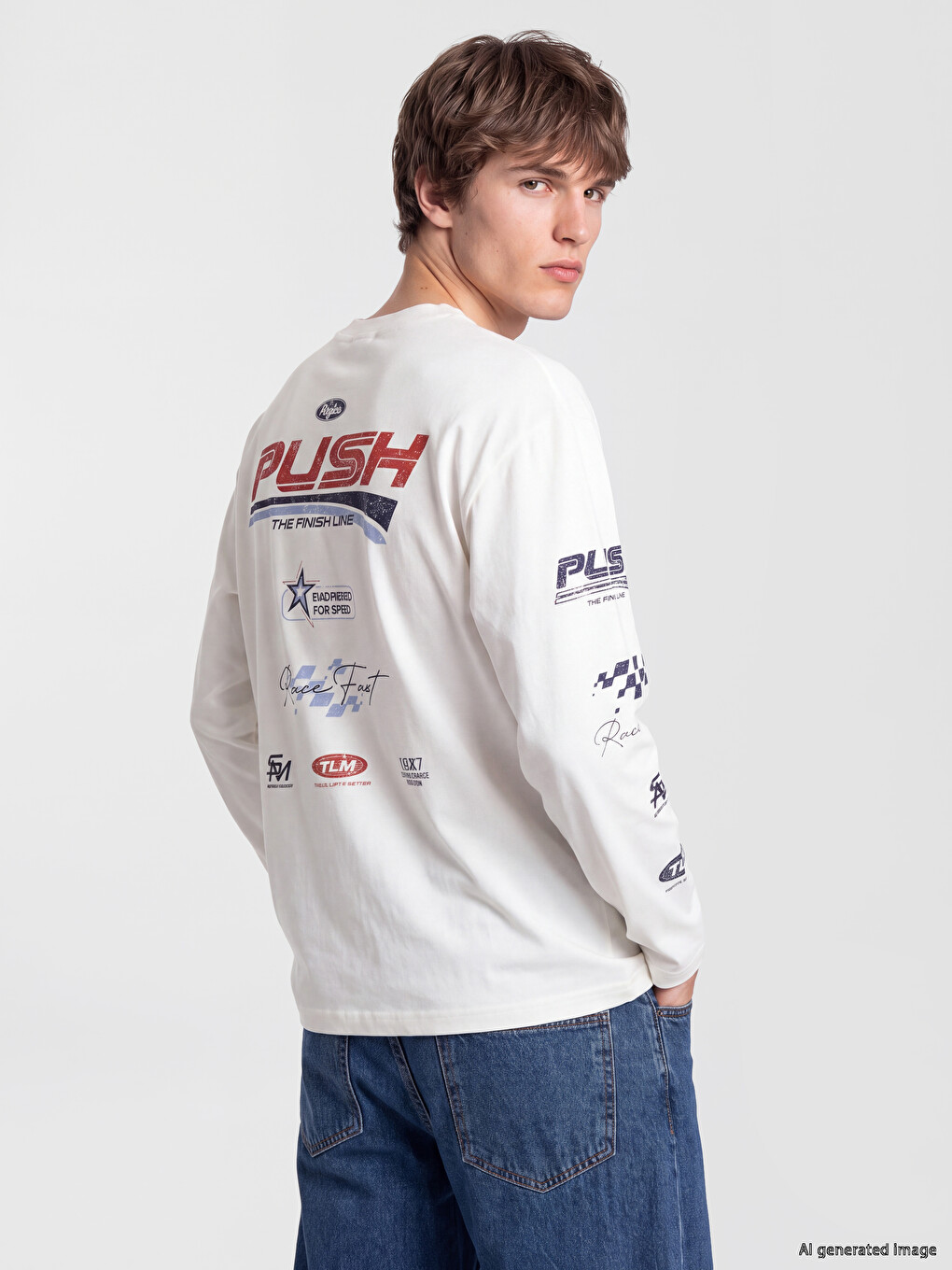 Beyaz Bisiklet Yaka Baskılı Erkek Sweatshirt