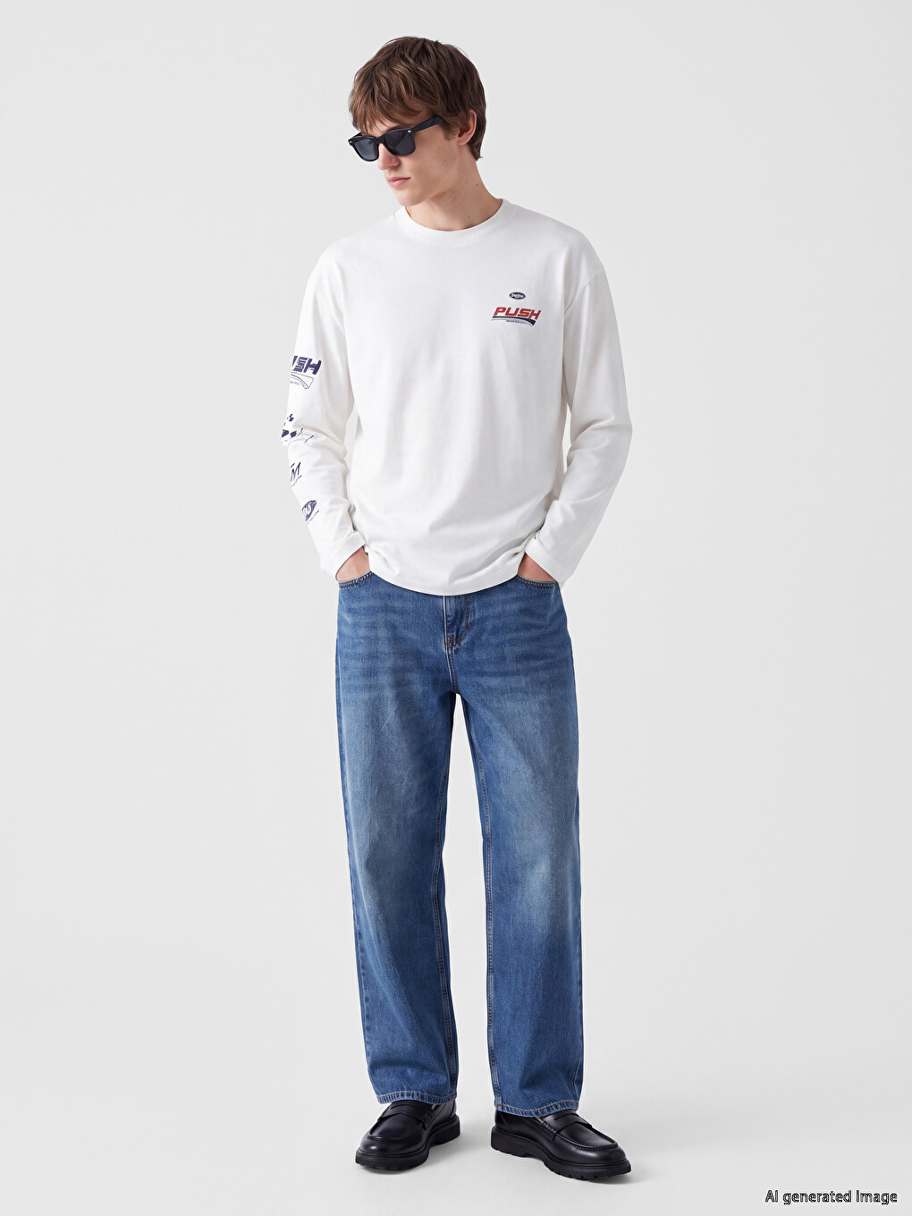 Beyaz Bisiklet Yaka Baskılı Erkek Sweatshirt-1