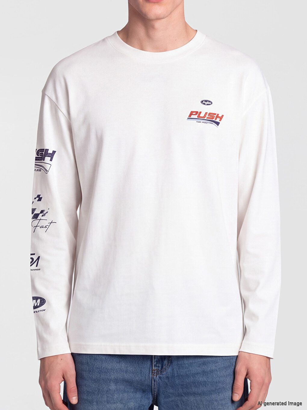 Beyaz Bisiklet Yaka Baskılı Erkek Sweatshirt-2