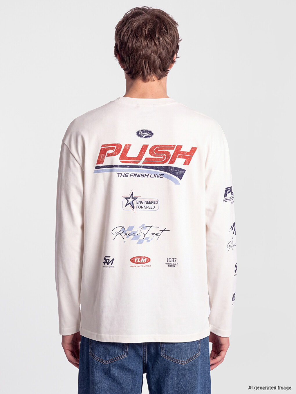 Beyaz Bisiklet Yaka Baskılı Erkek Sweatshirt-3