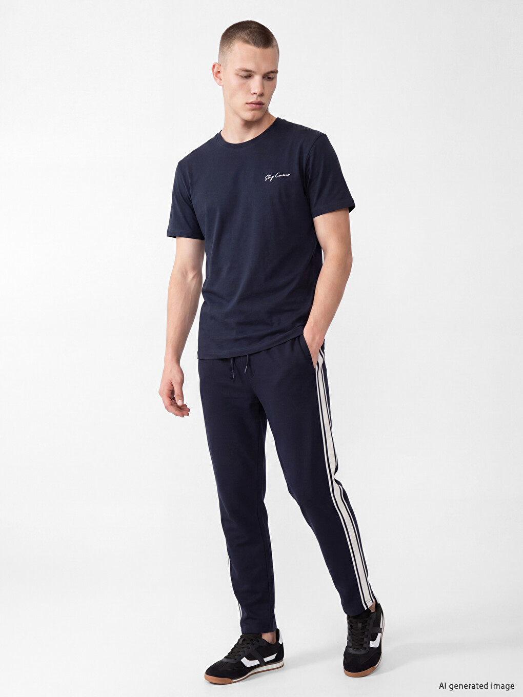 Lacivert Regular Fit Yanları Şeritli Erkek Pantolon-1