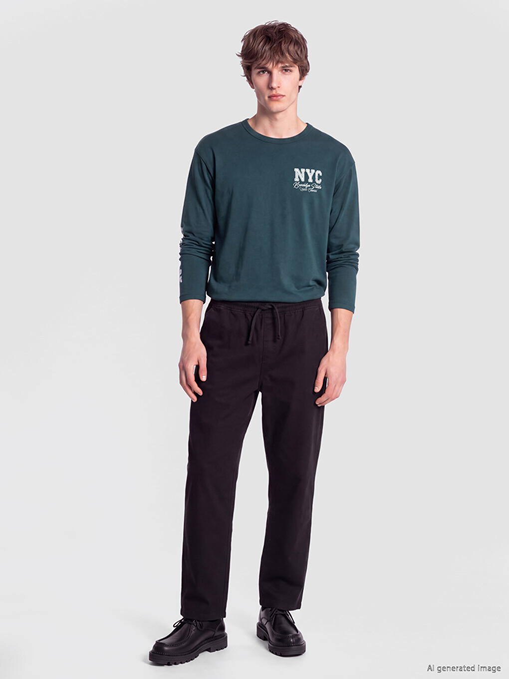 Yeşil Bisiklet Yaka Nyc Baskılı Sweatshirt-1