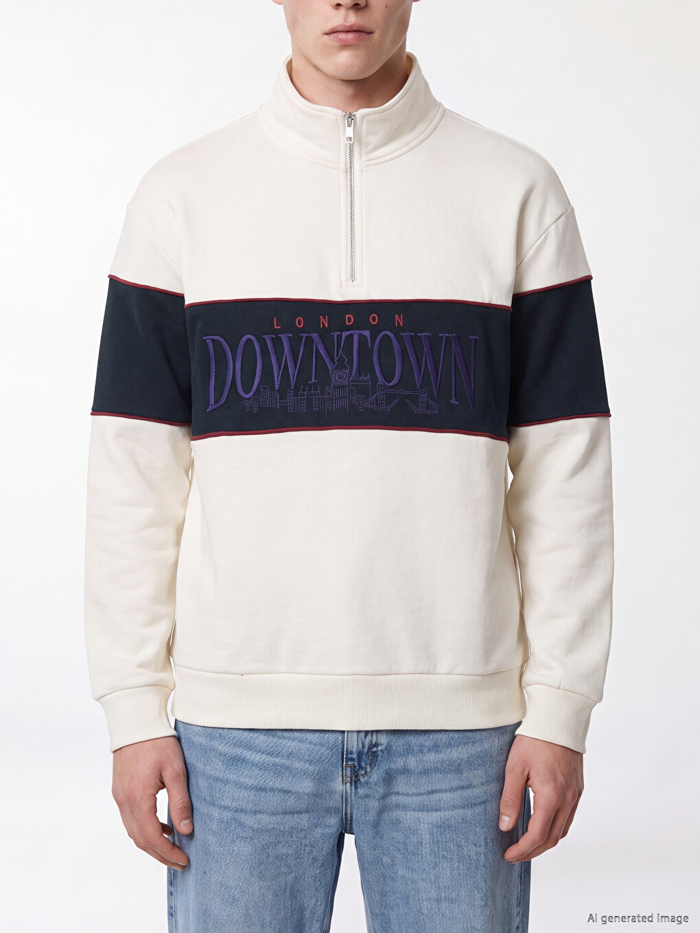 Mock Neck London Embroidered Men's Thick Sweatshirt-2