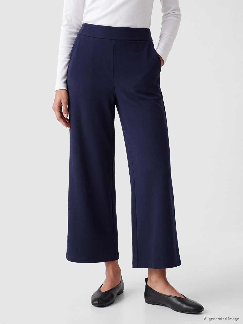 Lacivert Beli Lastikli Geniş Paça Kadın Pantolon-1