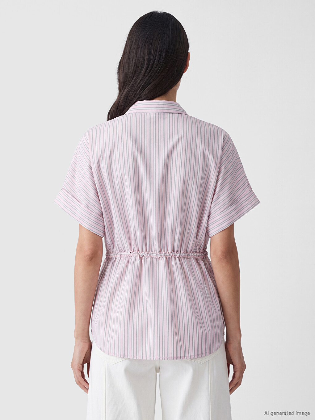 Pembe Çizgili Beli Bağcıklı Oversize Kadın Gömlek-3