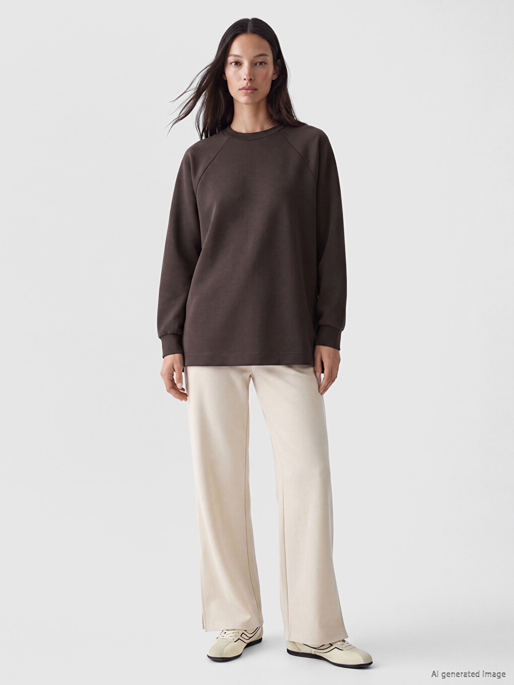 Kahverengi Soft Touch Oversize Kadın Sweatshirt Tunik-1