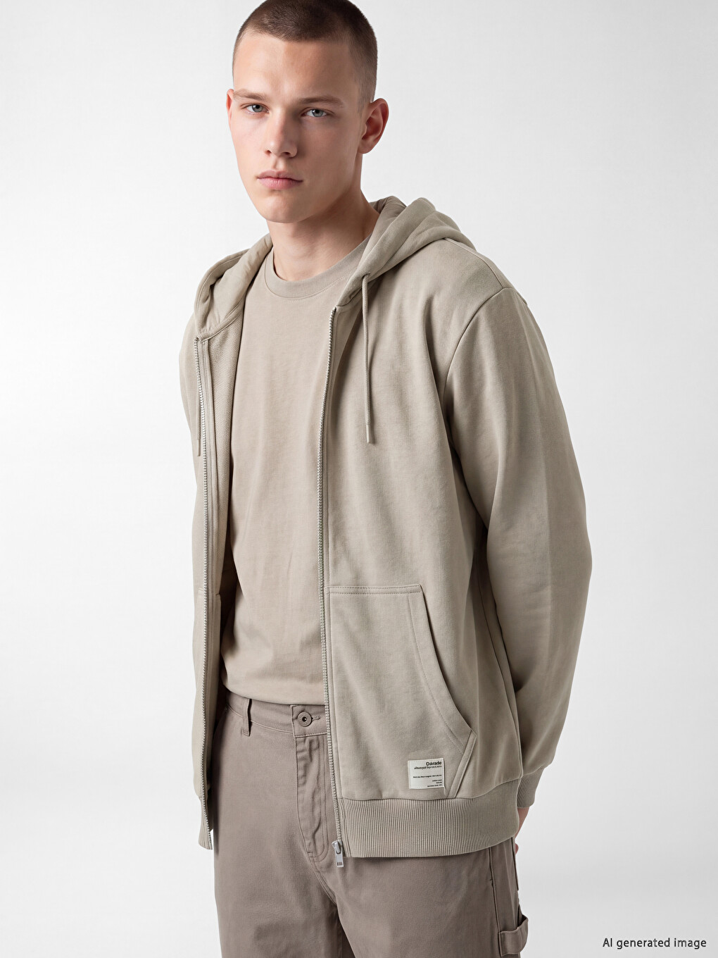 Bej Kapüşonlu Erkek Fermuarlı Sweatshirt