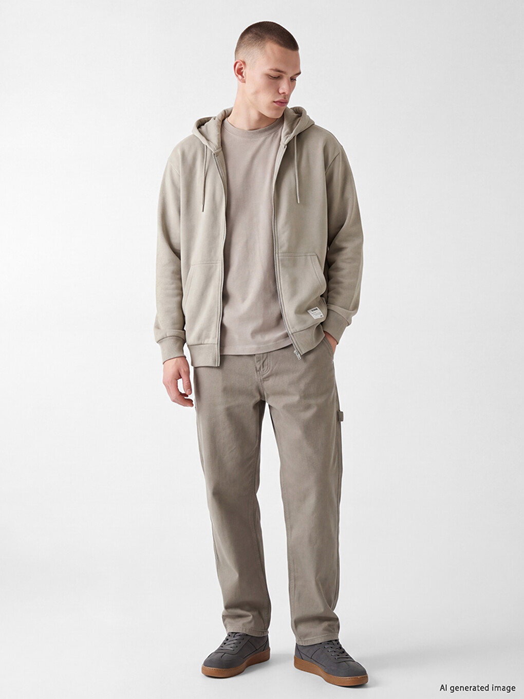 Bej Kapüşonlu Erkek Fermuarlı Sweatshirt-1