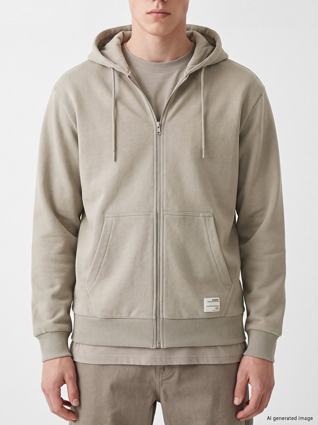 Bej Kapüşonlu Erkek Fermuarlı Sweatshirt-2