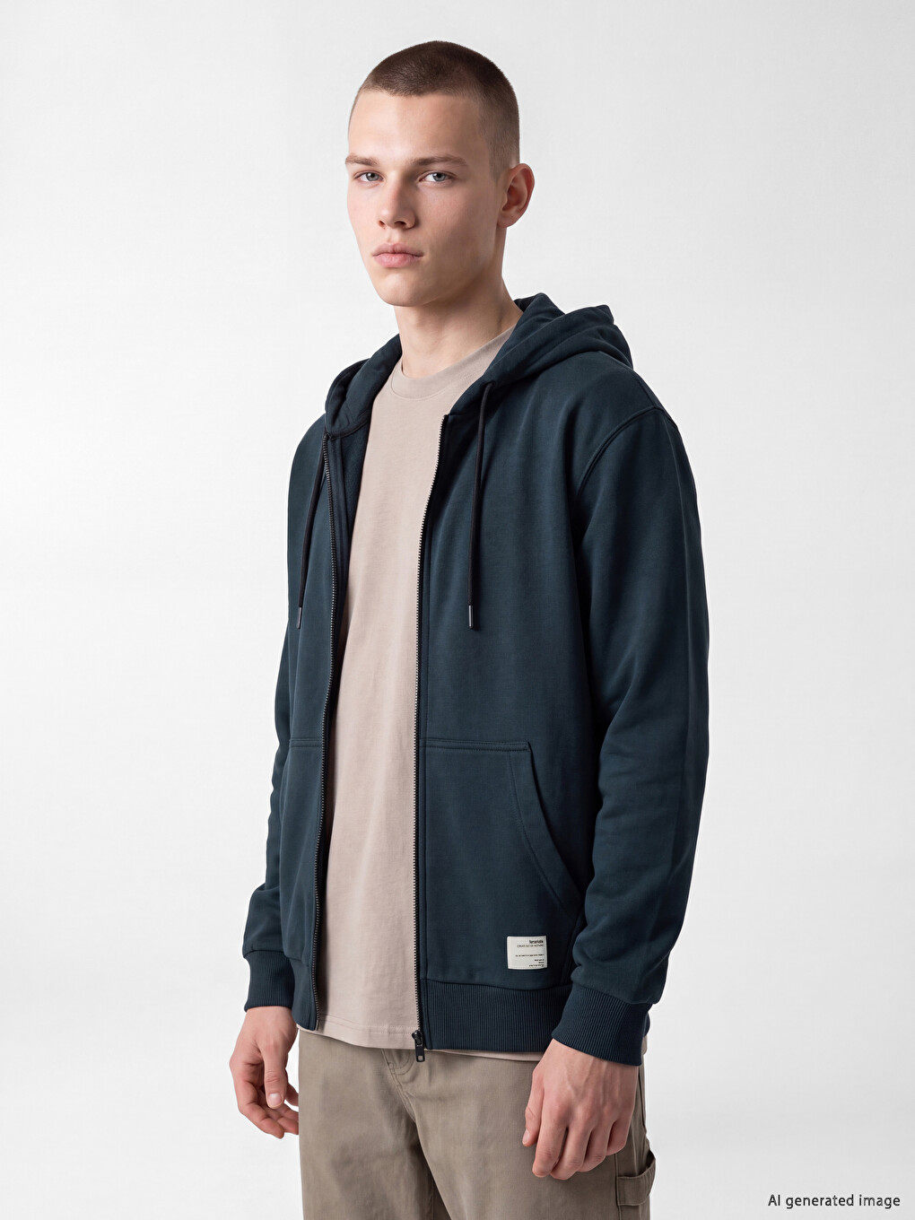 Petrol Kapüşonlu Erkek Fermuarlı Sweatshirt