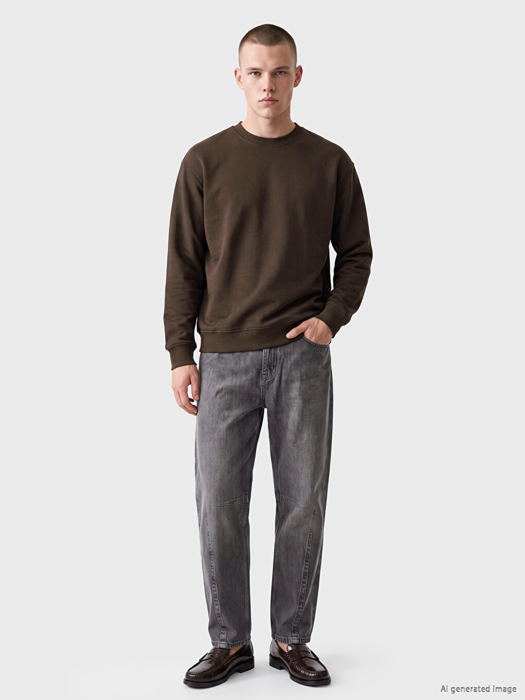 Kahverengi Bisiklet Yaka Erkek Kalın Sweatshirt-1
