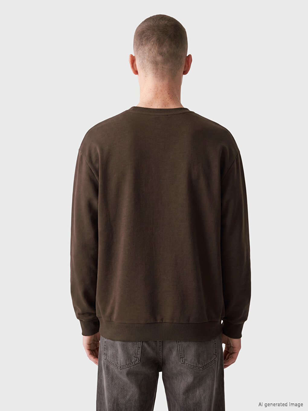 Kahverengi Bisiklet Yaka Erkek Kalın Sweatshirt-3