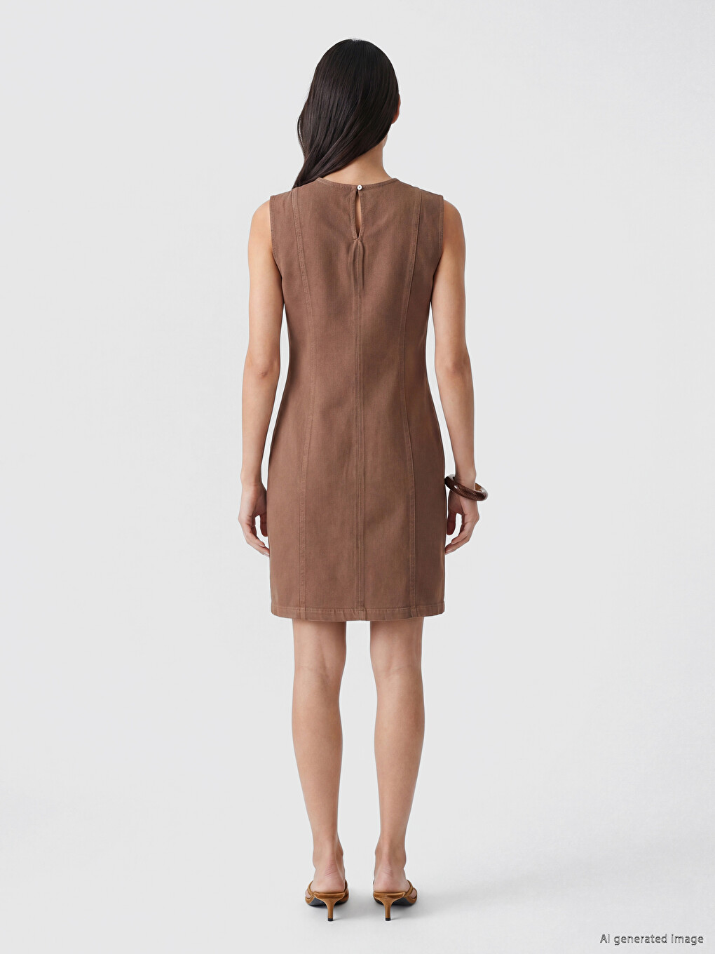 Kahverengi Bisiklet Yaka Mini Jean Elbise-3