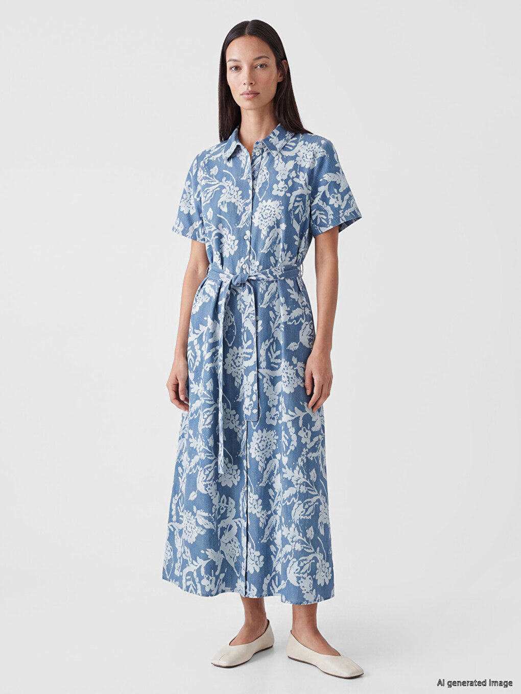 Collared Neck Patterned Belted Waist Denim Dress